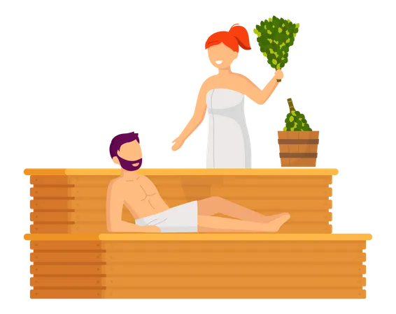 Casal fumegante na sauna  Ilustração