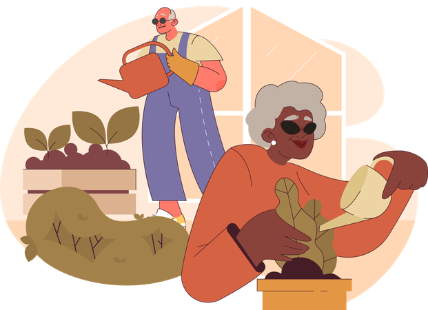 Casal de idosos cuidando de planta em casa  Ilustração