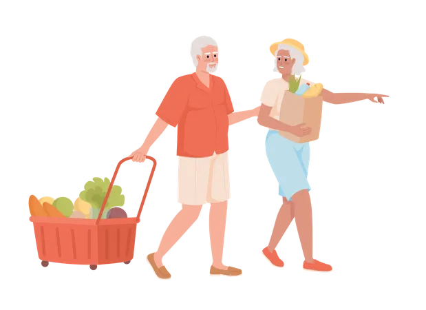 Casal de idosos fazendo compras juntos  Ilustração