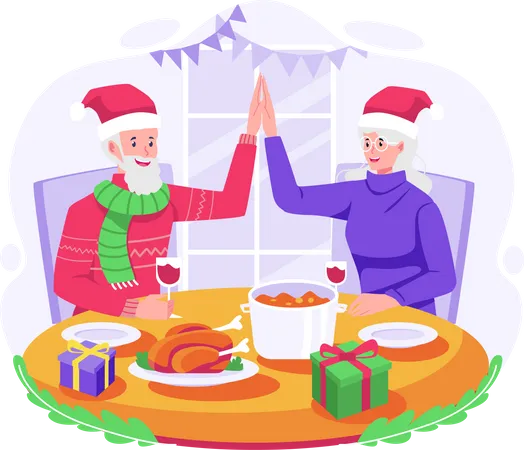 Casal de velhos felizes cumprimentando e celebrando o Natal jantando juntos  Ilustração