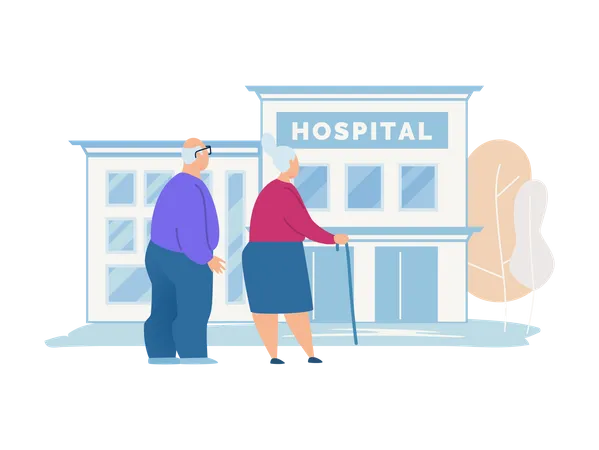 Casal de idosos visitando o hospital  Ilustração