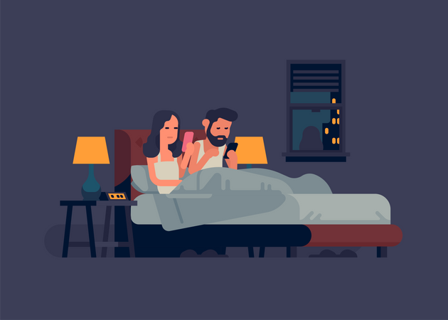 Casal verificando seus telefones durante a noite  Ilustração