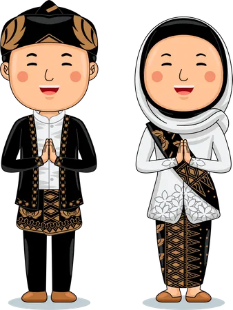 Casal usa pano tradicional, saudações bem-vindas a Banten  Ilustração