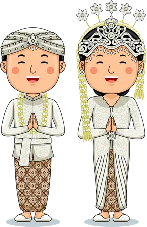 Casal usa pano tradicional, saudações de boas-vindas a West Java  Ilustração