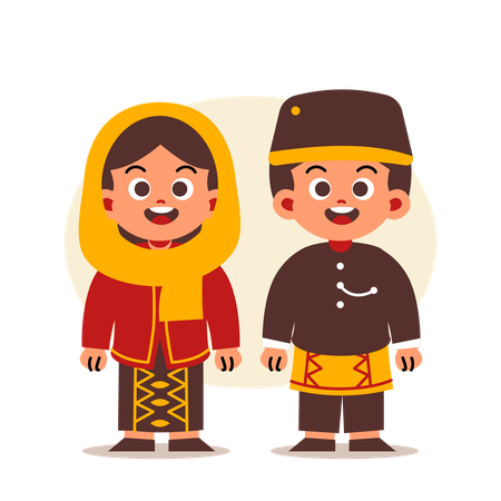 Casal usa roupas tradicionais da Indonésia de Jacarta  Ilustração