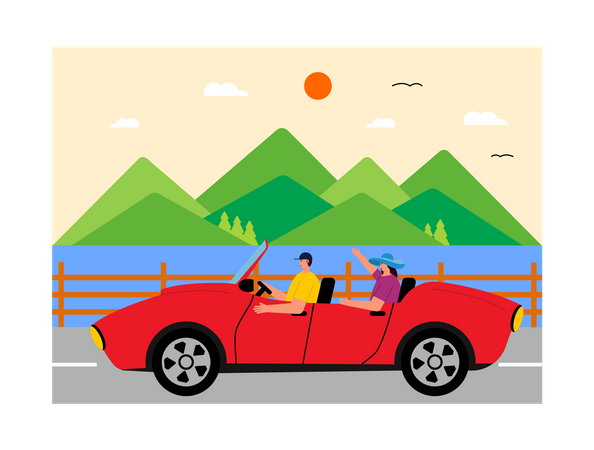 Casal viajando de carro  Ilustração