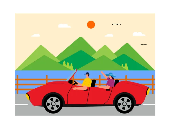 Casal viajando de carro  Ilustração