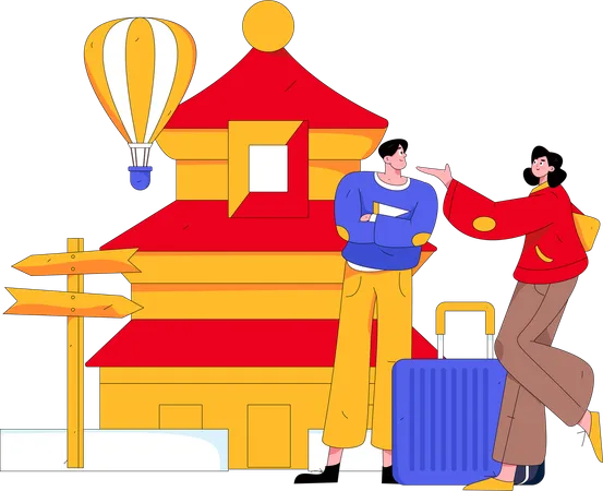 Casal viajando na china  Ilustração