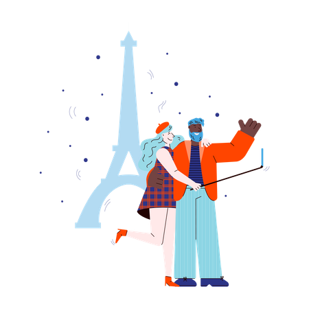 Casal viajando tirando selfie com dispositivo móvel no cenário da Torre Eiffel  Ilustração