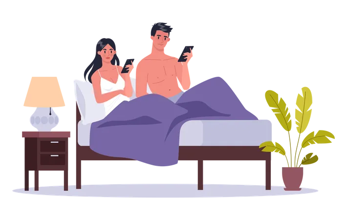 Casal viciado em uso de smartphone durante relação sexual  Ilustração