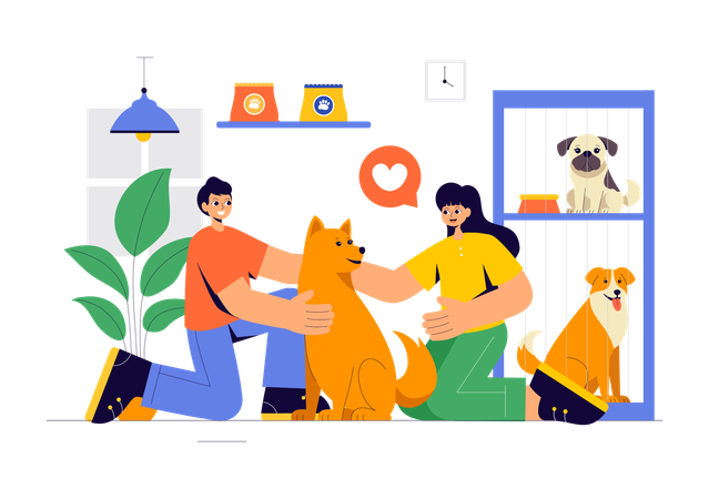 Casal visita centro de adoção de animais  Ilustração