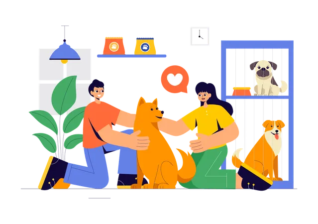 Casal visita centro de adoção de animais  Ilustração