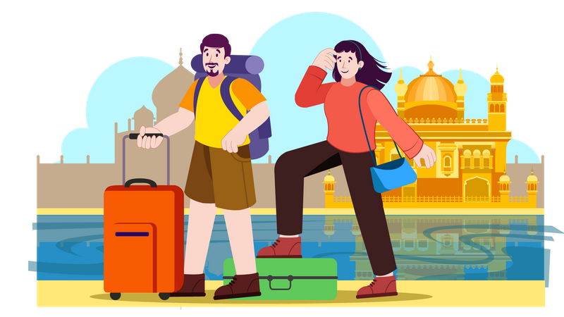 Casal visitando templo dourado na Índia  Ilustração
