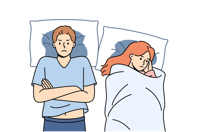 Casal irritado fica na cama após briga  Ilustração