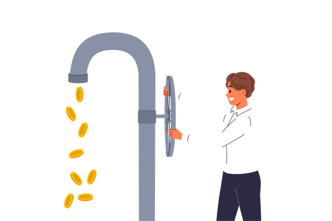 Cash flow for investor who opens tap with coins instead of water obtained through investments  일러스트레이션