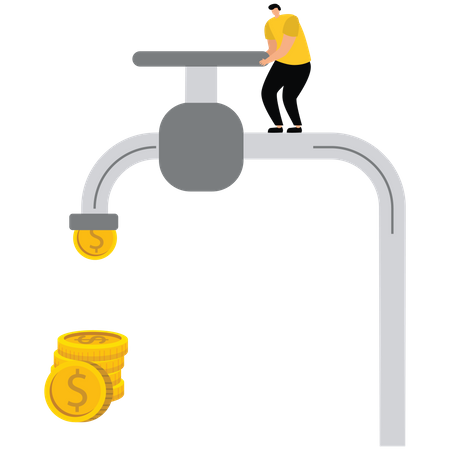 Cash flow with tiny businessmen open the tap  Illustration