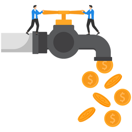 Cash flow with tiny businessmen open the tap  Illustration