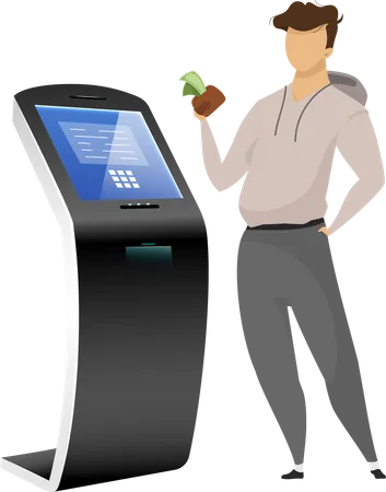 Cash Machine User Flat Color Vector Faceless Character Man With Money Near Bank Terminal Isolated Cartoon Illustration On White Background Freestanding Construction For Financial Operations Illustration