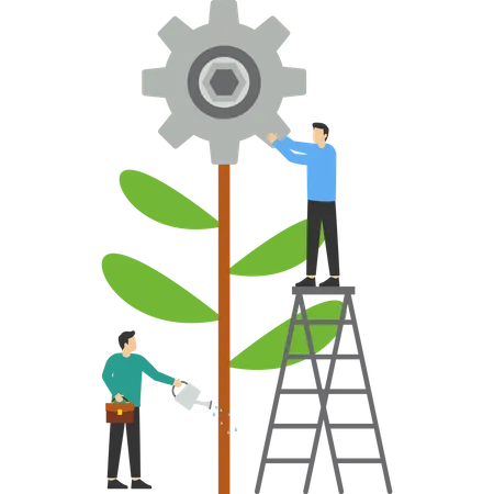 Flat Vector Illustration Teamwork To Find A New Idea Little People Start Mechanism As Plant Looking For New Solution Creative Work Cooperate In Finding A Creative Idea Illustration
