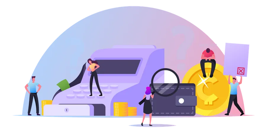 Cash Shortage Concept, Upset Characters Discover Money Shortfall In Cashier, Poor Frustrated Business People Bankrupt  Illustration