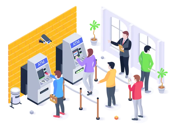 Persons With Cash Machines Isometric Illustration Of Cash Withdrawal イラスト