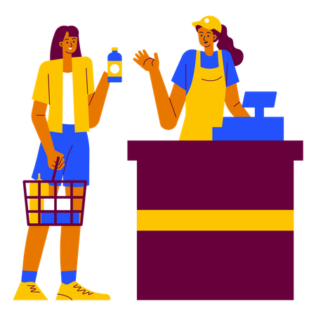 Cashier and buyer at the supermarket  Illustration