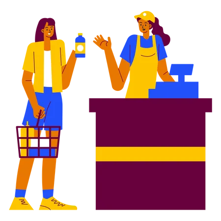 Cashier and buyer at the supermarket  Illustration