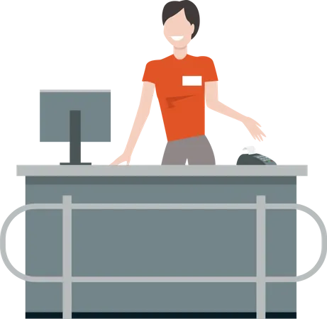 Cashier Behind The Store Counter And Cash Register Flat Design Smiling Woman In Uniform Standing Near Cash With Monitor And Payment Terminal Supermarket Personnel Equipment And Service Concept Illustration