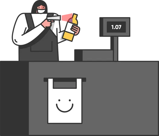 Cashier Scanning Goods By Barcode Scanner Illustration