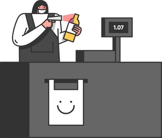 Cashier Scanning Goods By Barcode Scanner  Illustration