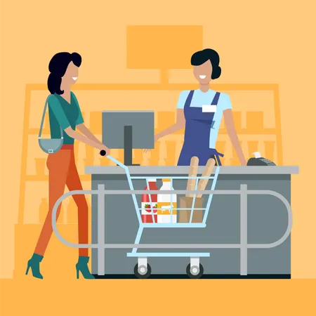 Buying Fresh Food In Market Concept Vector Flat Design Cashier Serves Buyers On Counter Desk Comfortable And Fast Purchases Picture For Retail Companies Shopping And Payment Services Ad Illustration