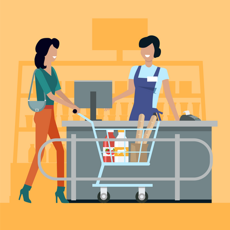 Cashier serves buyers on counter desk  Illustration