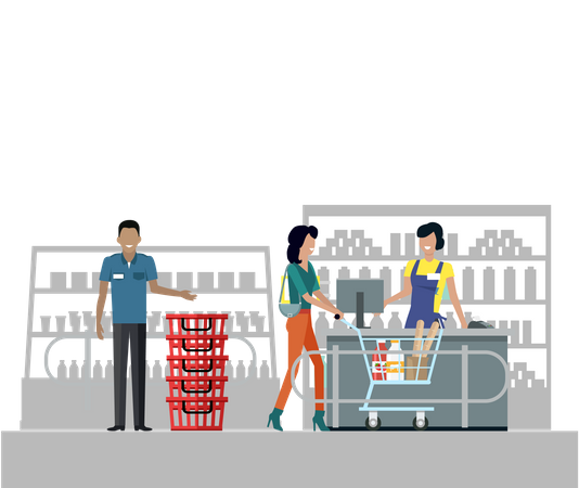 Cashier serves customer in grocery store  Illustration