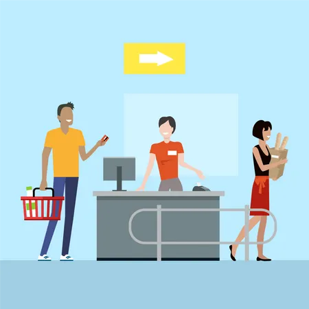 Operations In Supermarket Vector Flat Style Buying Products In Grocery Store Cashier Serves Customers On Counter Desk Equipment Picture For Retail Companies Shopping And Payment Services Ad 일러스트레이션