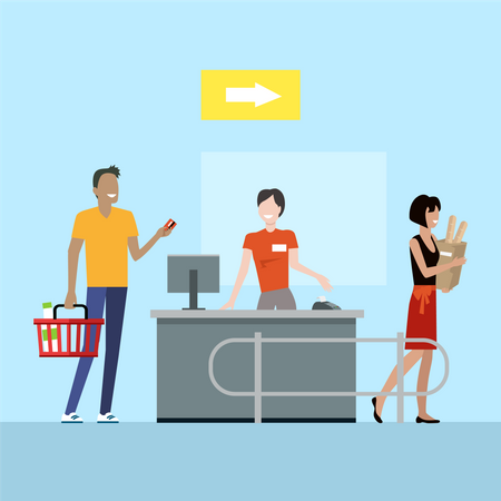 Cashier serves customers on counter desk equipment  Illustration