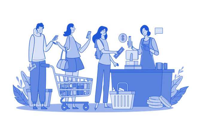Cashier serving customers in supermarket  Illustration