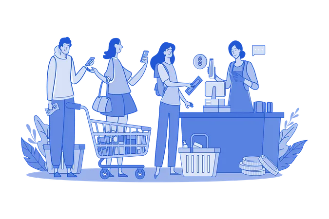 Crowd Of People Using Gadgets Waiting In Line At Checkout In A Supermarket Illustration