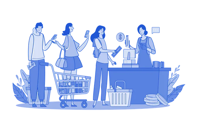 Cashier serving customers in supermarket  Illustration