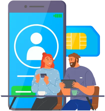 People Using Cell To Receive Messages And Phone Calls Couple Uses Gadgets Tablet Credit Card Happy Male And Female Characters Communicate Via Cellular Smartphone With Incoming Call On Screen Illustration