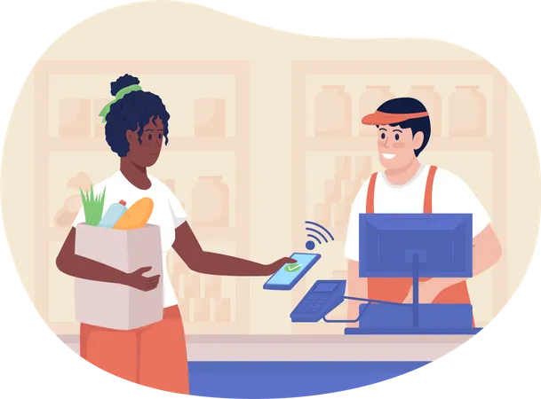 Cashless Payment For Groceries 2 D Vector Isolated Illustration Daily Situation Customer And Cashier In Supermarket Flat Characters On Cartoon Background Shopping Colourful Scene Illustration