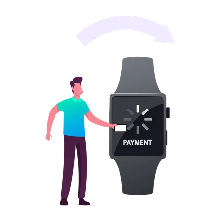 Cashless Payment Transaction Man Customer Use Smart Watch For Noncontact Paying In Supermarket Store Male Character Use Electronic Technologies In Shopping Consumerism Cartoon Vector Illustration Illustration
