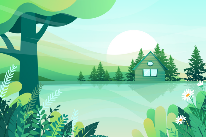 Pequeña casa en el bosque o jardín con paisaje veraniego de pueblo de madera  Ilustración
