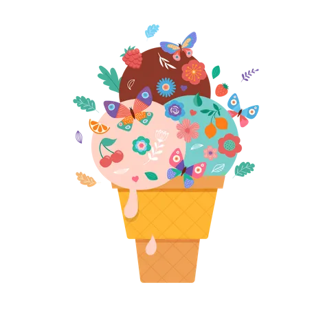 Casquinha de sorvete com flores, frutas e borboletas  Ilustração