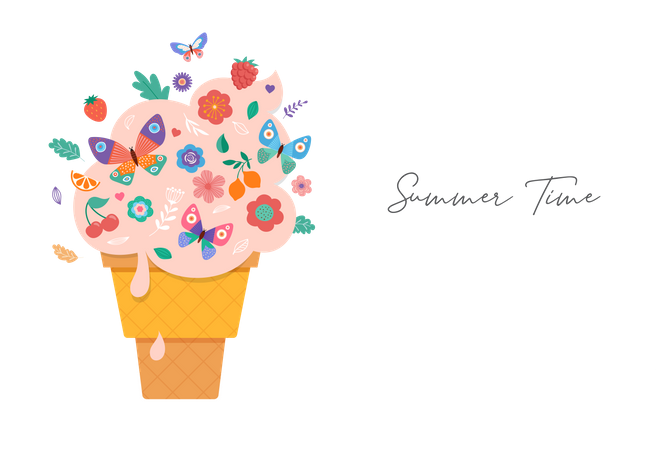 Casquinha de sorvete com flores, frutas e borboletas  Ilustração