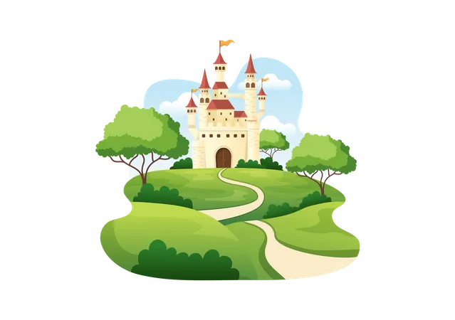 Castelo Com Arquitetura De Palacio Majestoso E Conto De Fadas Como Cenario Florestal Em Ilustracao De Estilo Plano De Desenho Animado Ilustração