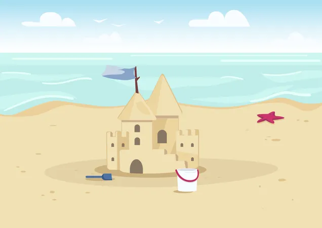 Castillo de arena en la playa  Ilustración