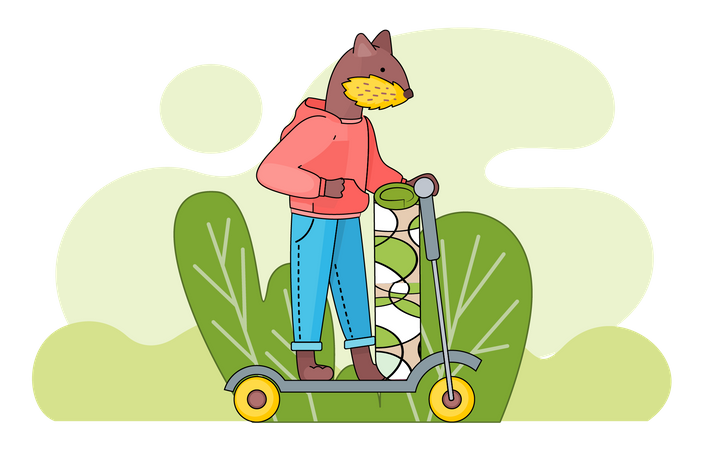 Castor fofo com tapete está andando de scooter  Ilustração