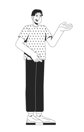 Casual asian man gesturing in patterned tshirt while speaking  Illustration