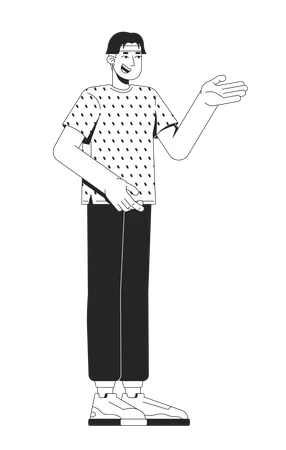 Casual asian man gesturing in patterned tshirt while speaking  Illustration