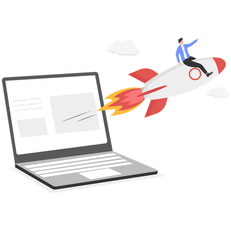 Casual businessman on rocket using telescope  Illustration